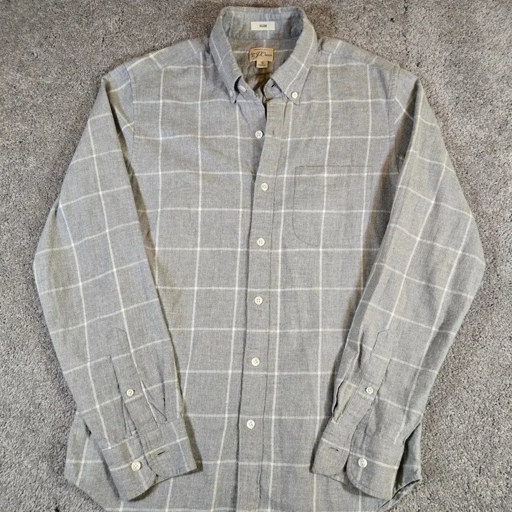 J Crew Brushed Twill Custom Fit Shirt Men's Gray & White Plaid Small Button Down
